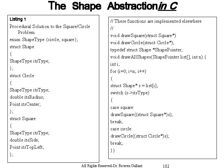 The Shape Abstractionin C Listing 1 Procedural Solution to the Square/Circle Problem enum Shape.