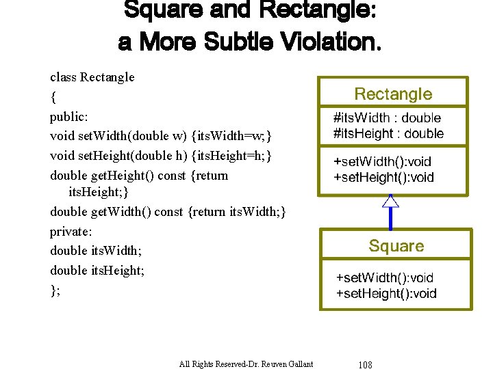 Square and Rectangle: a More Subtle Violation. class Rectangle { public: void set. Width(double