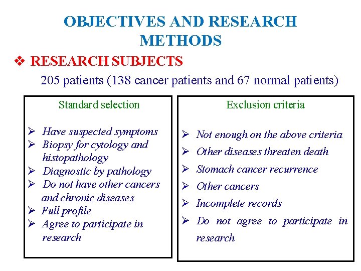 OBJECTIVES AND RESEARCH METHODS v RESEARCH SUBJECTS 205 patients (138 cancer patients and 67