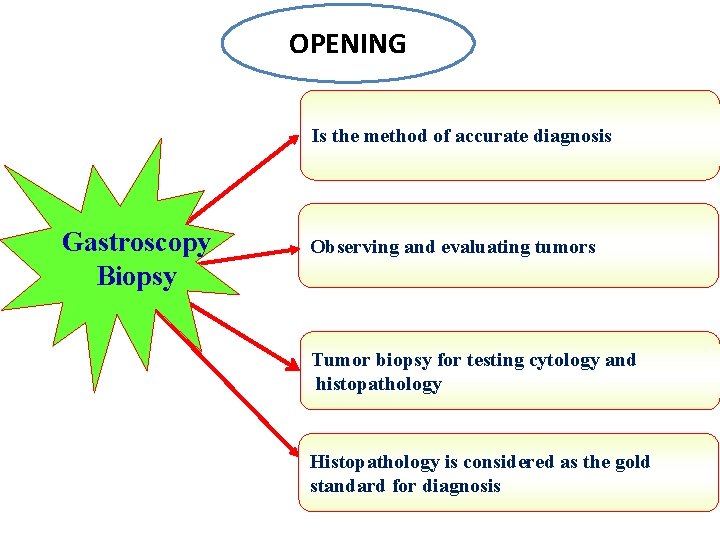 OPENING Is the method of accurate diagnosis Gastroscopy Biopsy Observing and evaluating tumors Tumor