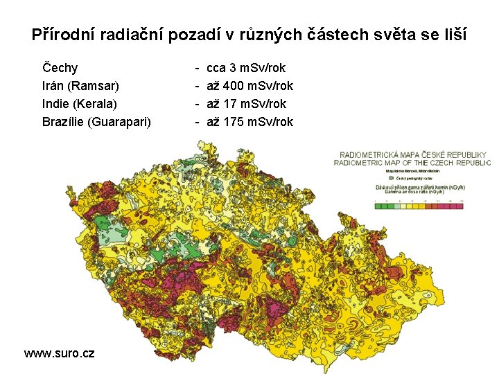 Přírodní radiační pozadí v různých částech světa se liší Čechy Irán (Ramsar) Indie (Kerala)