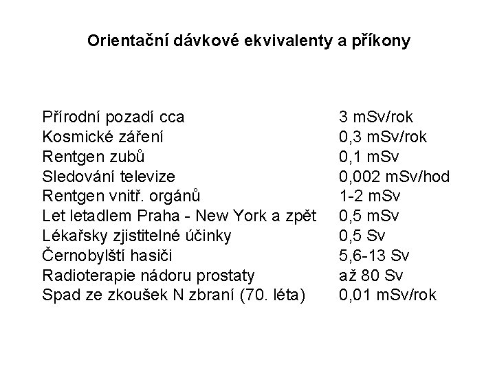 Orientační dávkové ekvivalenty a příkony Přírodní pozadí cca Kosmické záření Rentgen zubů Sledování televize Orientační dávkové ekvivalenty a příkony Přírodní pozadí cca Kosmické záření Rentgen zubů Sledování televize