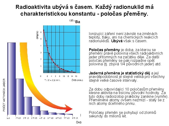 Radioaktivita ubývá s časem. Každý radionuklid má charakteristickou konstantu - poločas přeměny. Ionizující záření Radioaktivita ubývá s časem. Každý radionuklid má charakteristickou konstantu - poločas přeměny. Ionizující záření