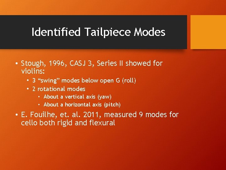 Identified Tailpiece Modes • Stough, 1996, CASJ 3, Series II showed for violins: •