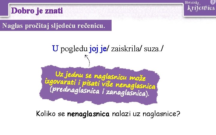 Dobro je znati Naglas pročitaj sljedeću rečenicu. U pogledu joj je/ zaiskrila/ suza. /