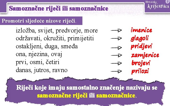 Samoznačne riječi ili samoznačnice Promotri sljedeće nizove riječi. izložba, svijet, predvorje, more održavati, okružiti,