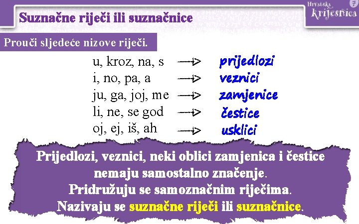 Suznačne riječi ili suznačnice Prouči sljedeće nizove riječi. u, kroz, na, s i, no,