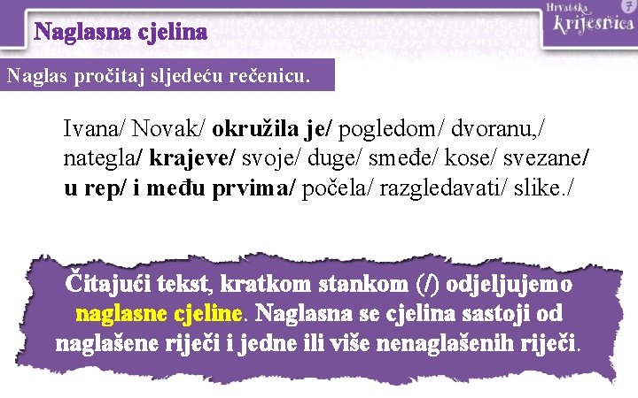 Naglasna cjelina Naglas pročitaj sljedeću rečenicu. Ivana/ Novak/ okružila je/ pogledom/ dvoranu, / nategla/