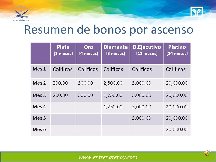 Resumen de bonos por ascenso Plata (2 meses) Oro (4 meses) Diamante D. Ejecutivo Resumen de bonos por ascenso Plata (2 meses) Oro (4 meses) Diamante D. Ejecutivo