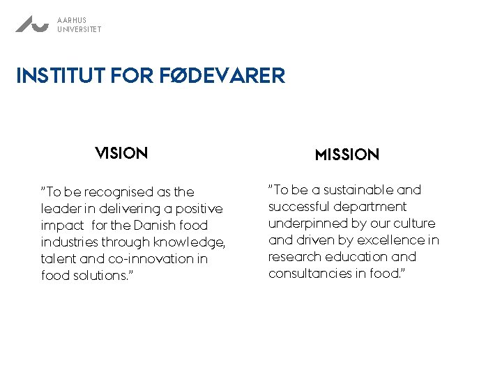 AARHUS UNIVERSITET INSTITUT FOR FØDEVARER VISION ”To be recognised as the leader in delivering