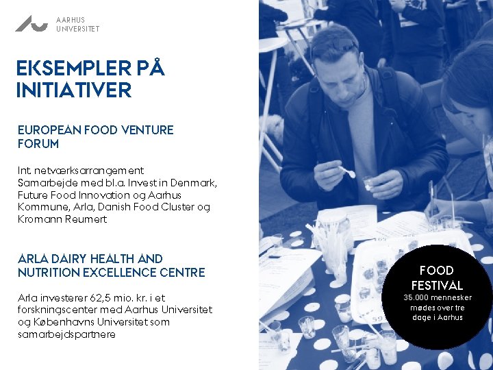 AARHUS UNIVERSITET EKSEMPLER PÅ INITIATIVER EUROPEAN FOOD VENTURE FORUM Int. netværksarrangement Samarbejde med bl.