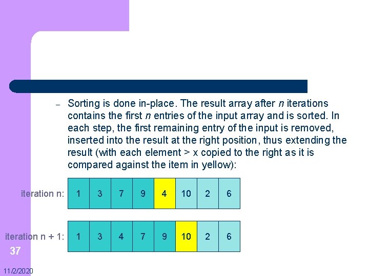 – Sorting is done in-place. The result array after n iterations contains the first