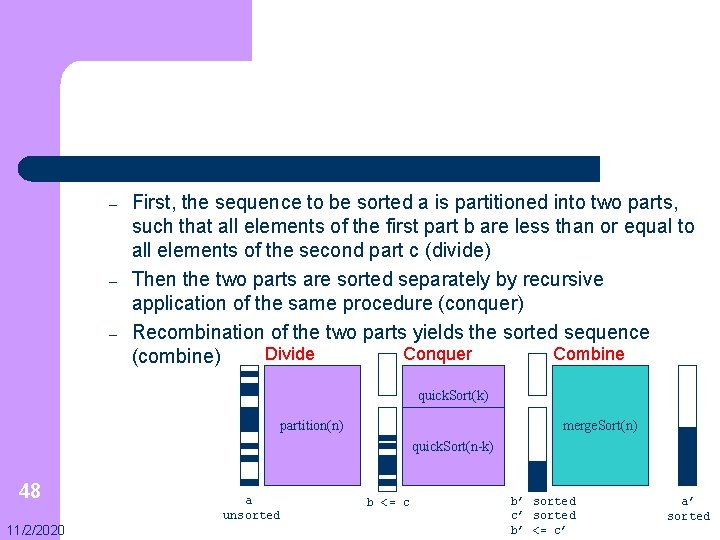 – – – First, the sequence to be sorted a is partitioned into two