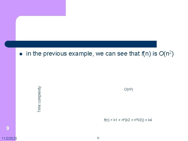 in the previous example, we can see that f(n) is O(n 2) Time complexity