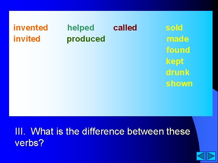 invented invited helped called produced sold made found kept drunk shown III. What is