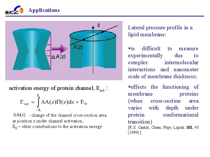 Applications Lateral pressure profile in a lipid membrane: §is difficult to measure experimentally due