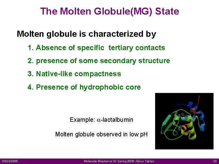 The Molten Globule(MG) State Molten globule is characterized by 1. Absence of specific tertiary