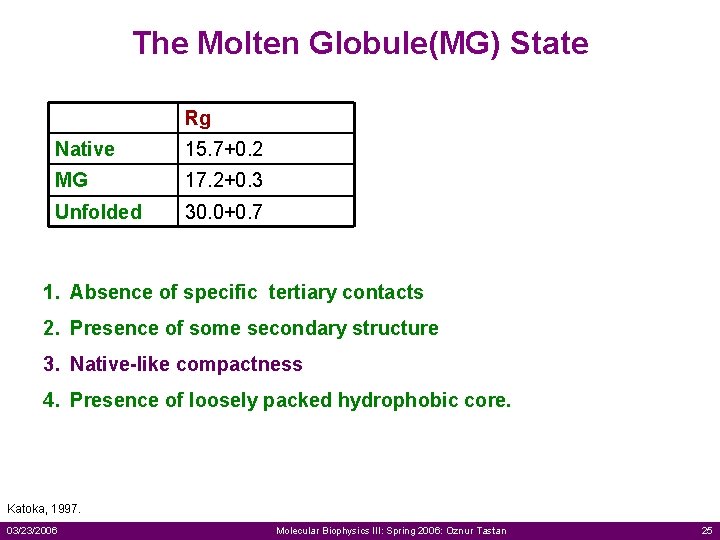 The Molten Globule(MG) State Rg Native 15. 7+0. 2 MG 17. 2+0. 3 Unfolded