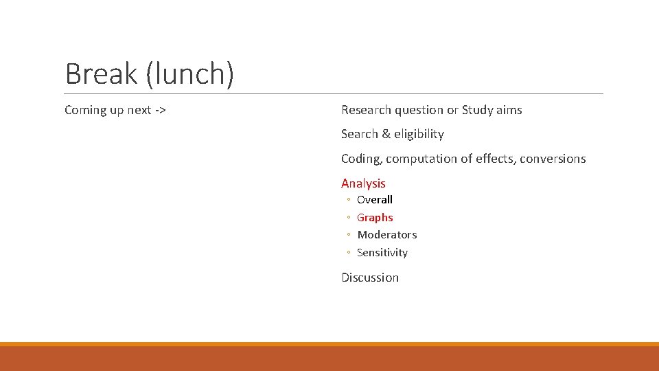 Break (lunch) Coming up next -> Research question or Study aims Search & eligibility
