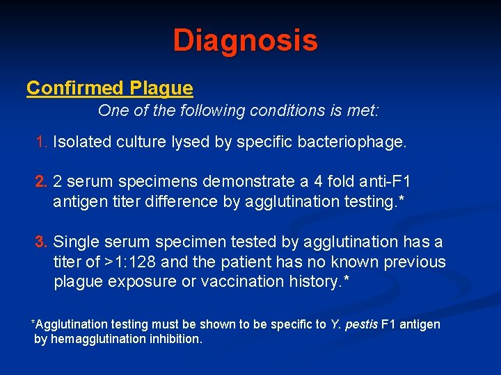 Diagnosis Confirmed Plague One of the following conditions is met: 1. Isolated culture lysed