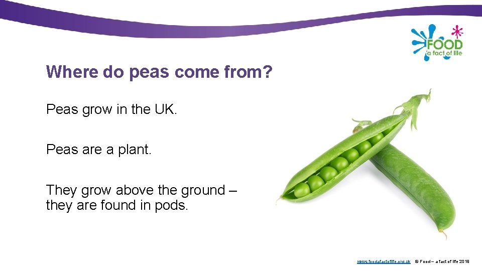 Where do peas come from? Peas grow in the UK. Peas are a plant.