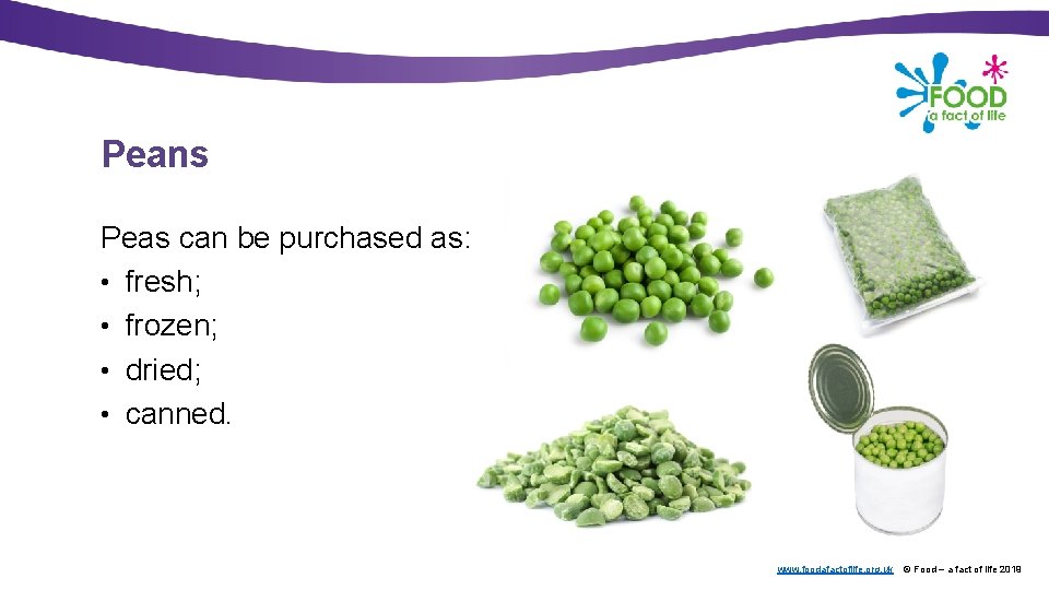 Peans Peas can be purchased as: • fresh; • frozen; • dried; • canned.