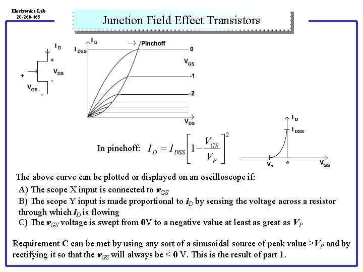 Electronics Lab 20 -260 -465 Junction Field Effect Transistors In pinchoff: The above curve