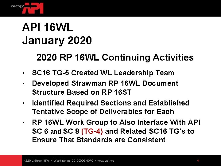 API 16 WL January 2020 RP 16 WL Continuing Activities SC 16 TG-5 Created