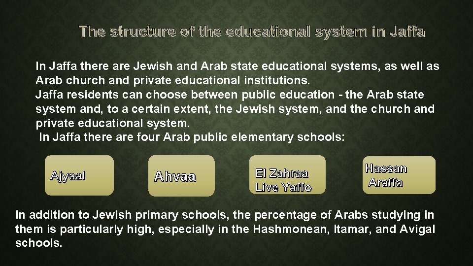 The structure of the educational system in Jaffa In Jaffa there are Jewish and The structure of the educational system in Jaffa In Jaffa there are Jewish and