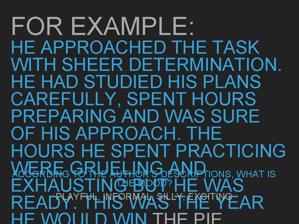 FOR EXAMPLE: HE APPROACHED THE TASK WITH SHEER DETERMINATION. HE HAD STUDIED HIS PLANS