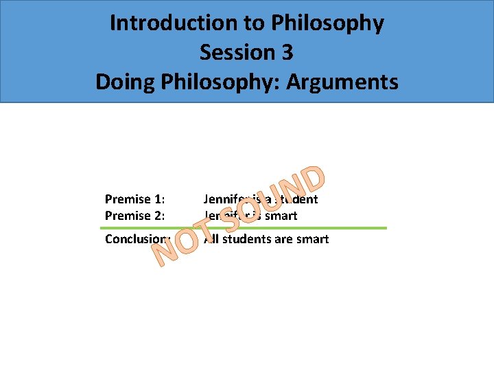 Introduction to Philosophy Session 3 Doing Philosophy: Arguments Premise 1: Premise 2: Conclusion: Jennifer