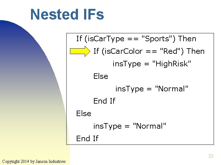 Nested IFs If (is. Car. Type == "Sports") Then If (is. Car. Color == Nested IFs If (is. Car. Type == "Sports") Then If (is. Car. Color ==