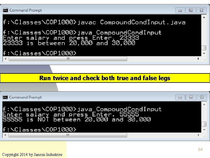 Run twice and check both true and false legs 64 Copyright 2014 by Janson Run twice and check both true and false legs 64 Copyright 2014 by Janson