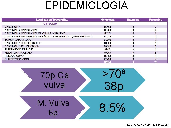 EPIDEMIOLOGIA 70 p Ca vulva >70ª 38 p M. Vulva 6 p 8. 5%