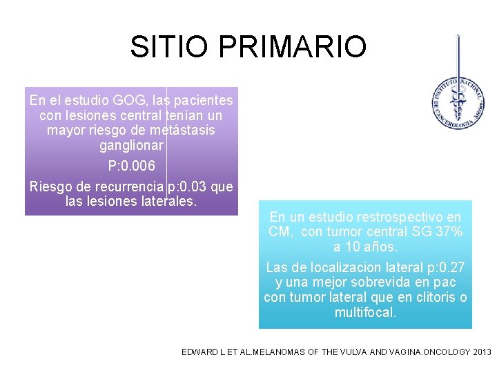 SITIO PRIMARIO En el estudio GOG, las pacientes con lesiones central tenían un mayor