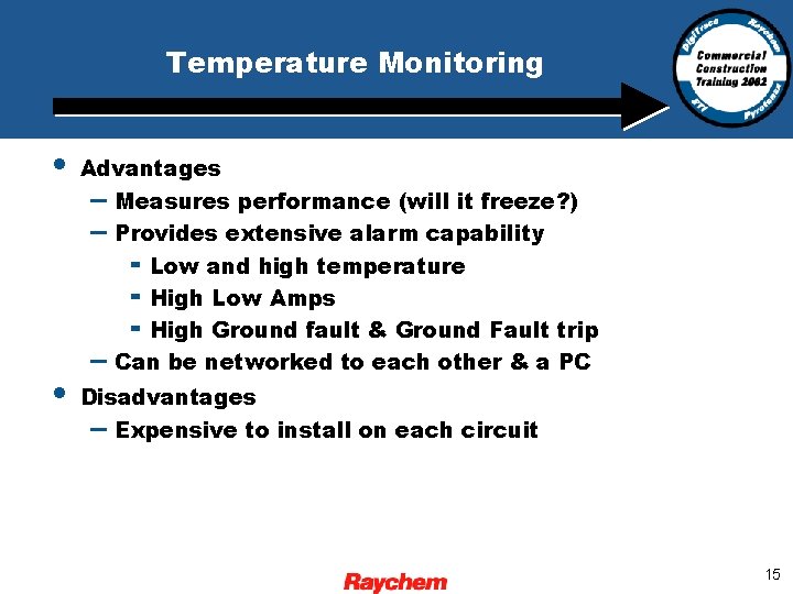 Temperature Monitoring • • Advantages – Measures performance (will it freeze? ) – Provides