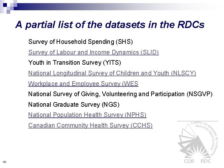 A partial list of the datasets in the RDCs Survey of Household Spending (SHS)