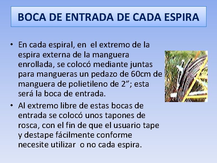 BOCA DE ENTRADA DE CADA ESPIRA • En cada espiral, en el extremo de