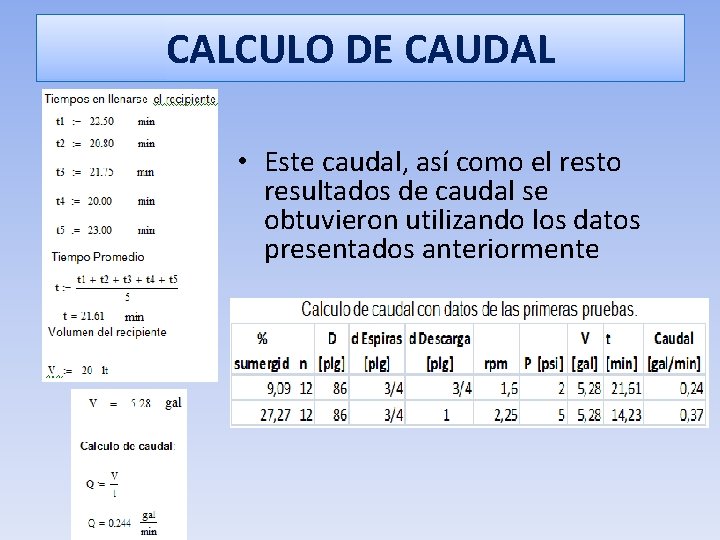 CALCULO DE CAUDAL • Este caudal, así como el resto resultados de caudal se