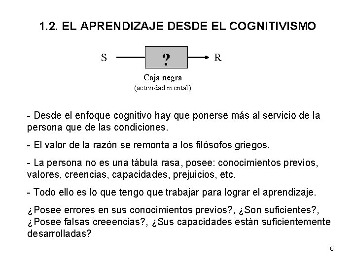 1. 2. EL APRENDIZAJE DESDE EL COGNITIVISMO S ? R Caja negra (actividad mental)