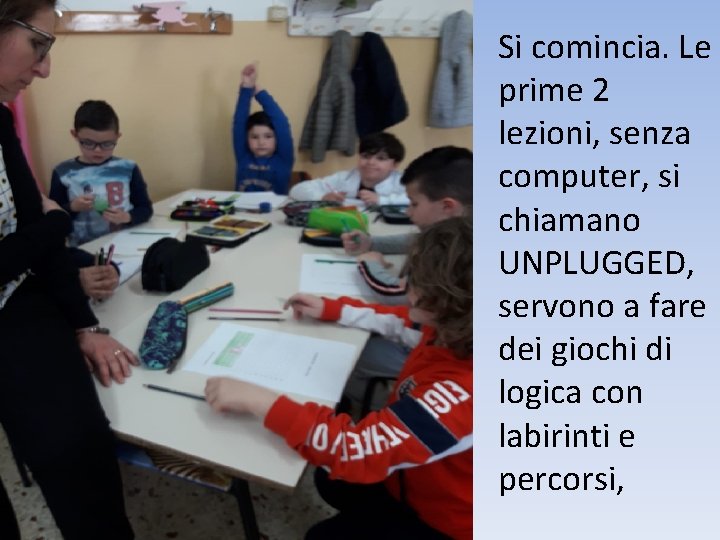 Si comincia. Le prime 2 lezioni, senza computer, si chiamano UNPLUGGED, servono a fare