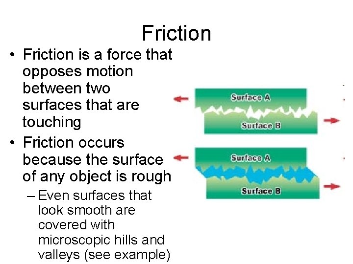 Friction • Friction is a force that opposes motion between two surfaces that are