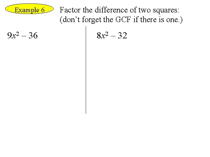 Example 6 9 x 2 – 36 Factor the difference of two squares: (don’t