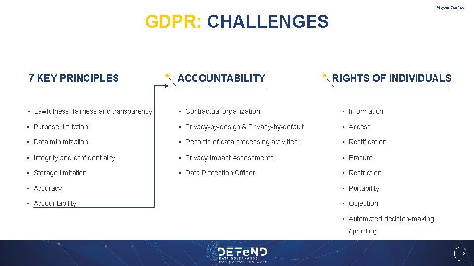 Project Start-up GDPR: CHALLENGES 7 KEY PRINCIPLES ACCOUNTABILITY RIGHTS OF INDIVIDUALS • Lawfulness, fairness