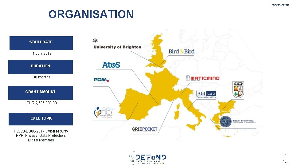 Project Start-up ORGANISATION START DATE 1 July 2018 DURATION 30 months GRANT AMOUNT EUR