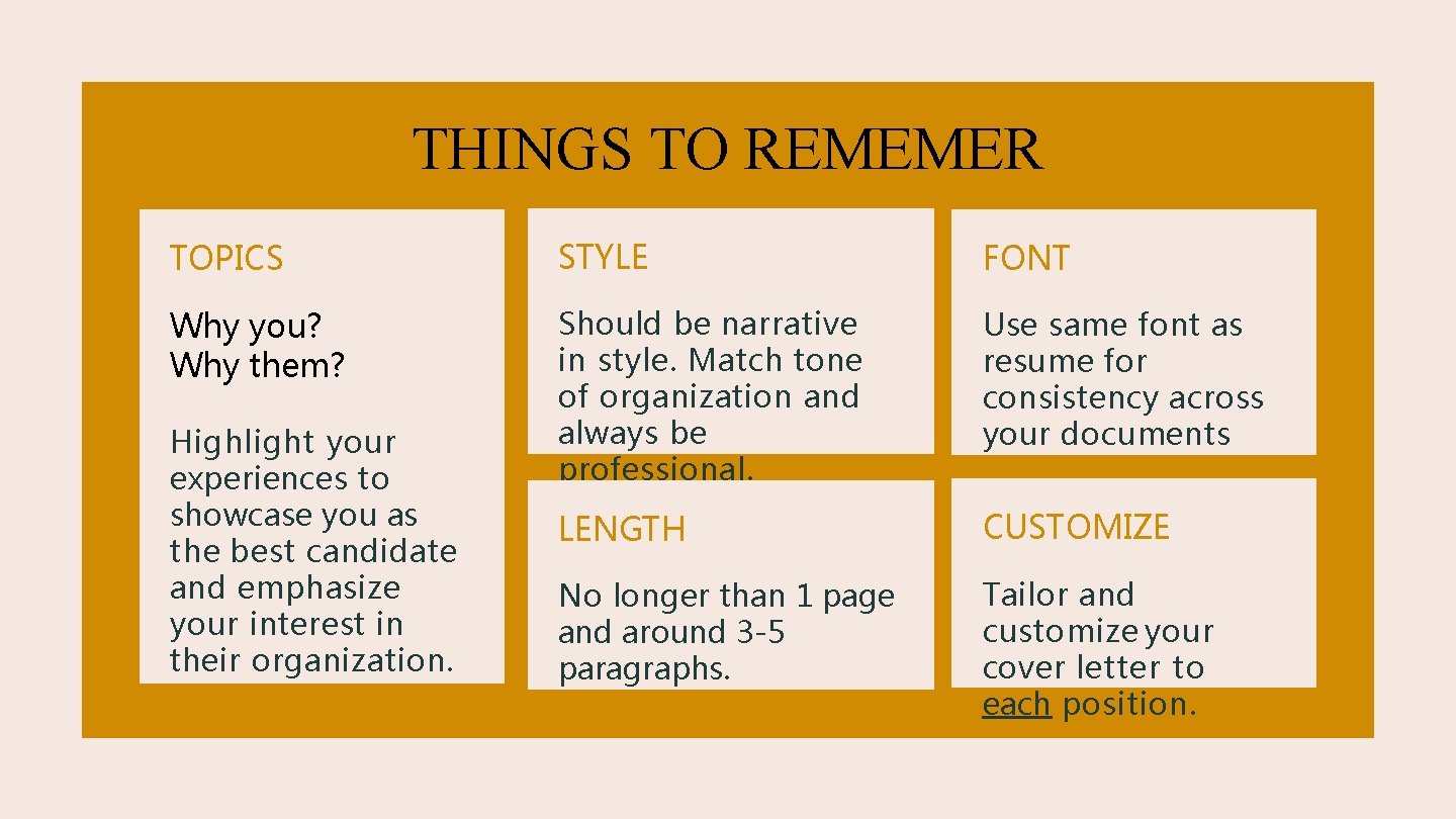 THINGS TO REMEMER TOPICS STYLE FONT Why you? Why them? Should be narrative in