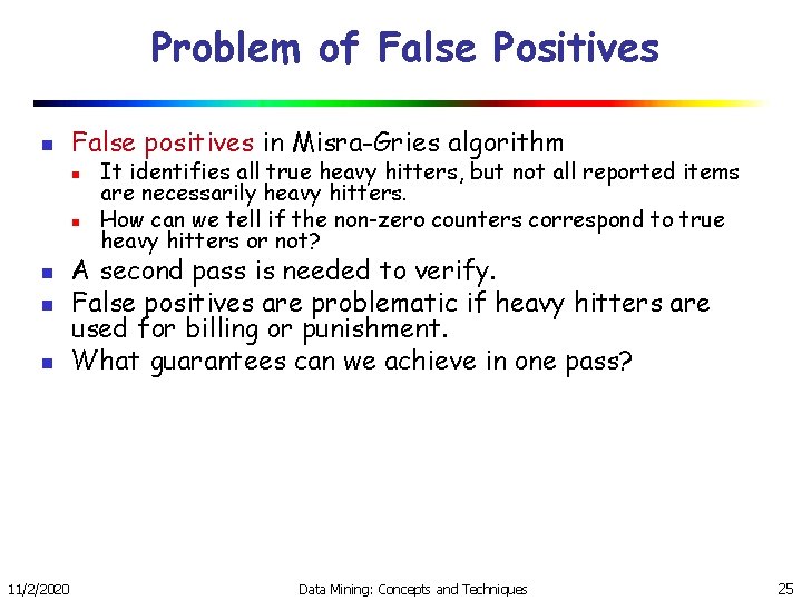 Problem of False Positives n False positives in Misra-Gries algorithm n n n 11/2/2020