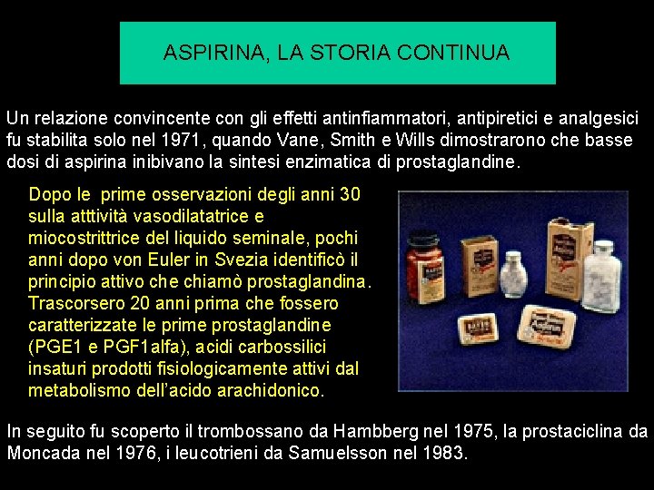 ASPIRINA, LA STORIA CONTINUA Un relazione convincente con gli effetti antinfiammatori, antipiretici e analgesici