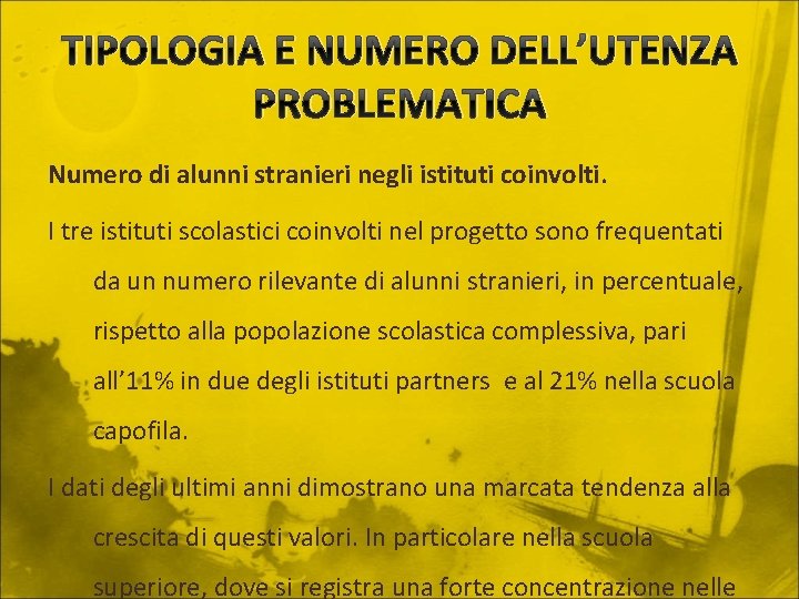 TIPOLOGIA E NUMERO DELL’UTENZA PROBLEMATICA Numero di alunni stranieri negli istituti coinvolti. I tre