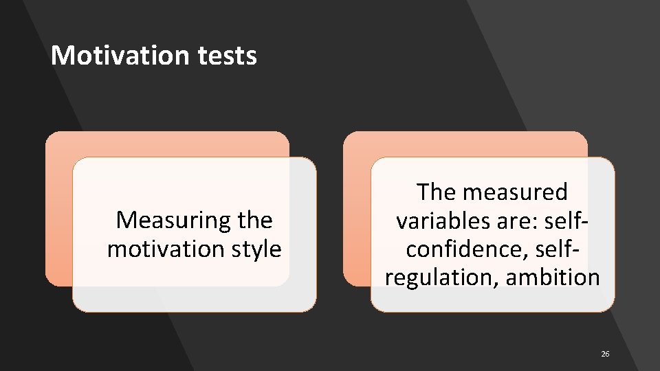 Motivation tests Measuring the motivation style The measured variables are: selfconfidence, selfregulation, ambition 26